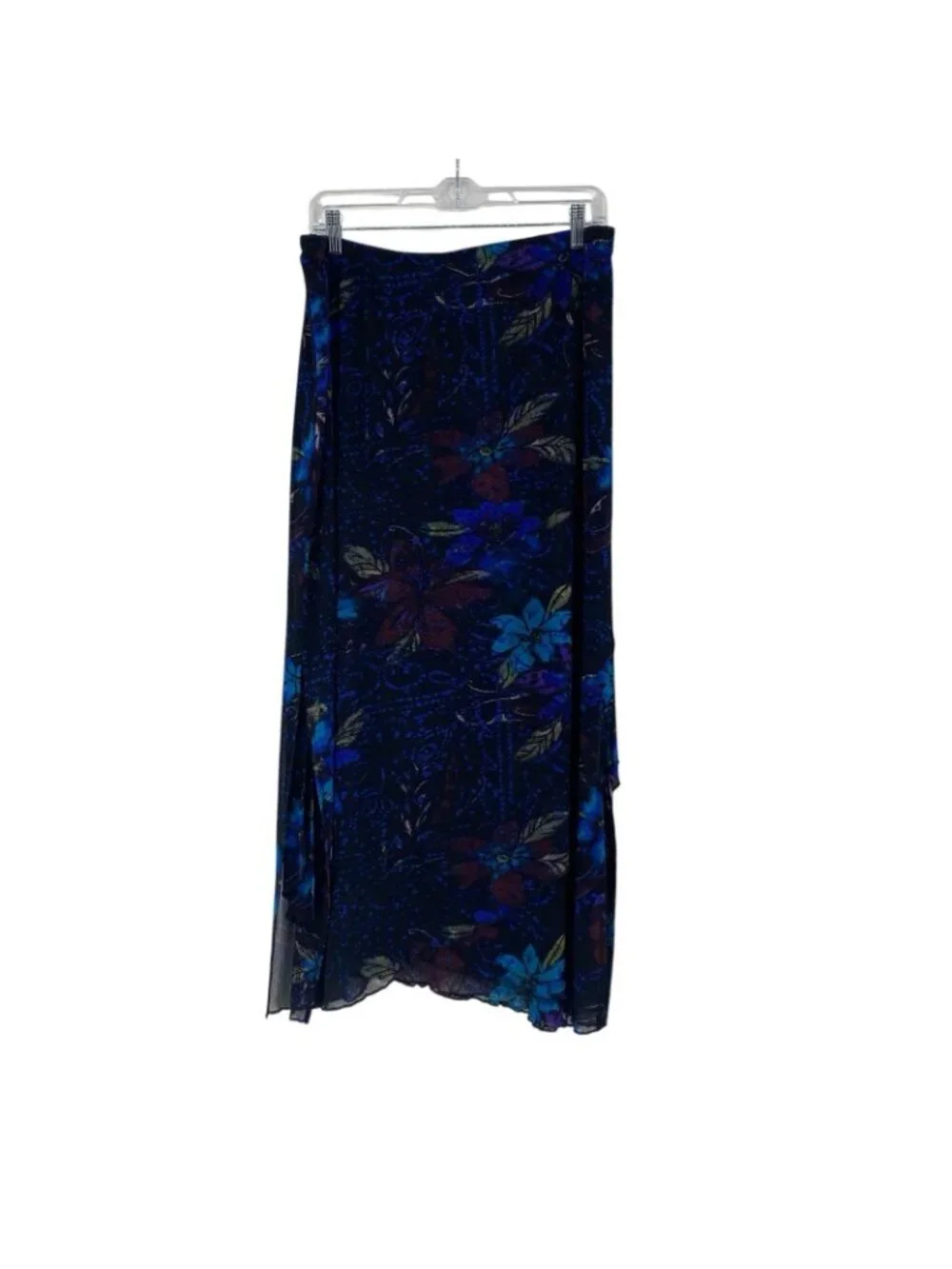 Chicos Layered Mesh Floral Print Midi Skirt Blue Black Womens Size 3 XL Vintage